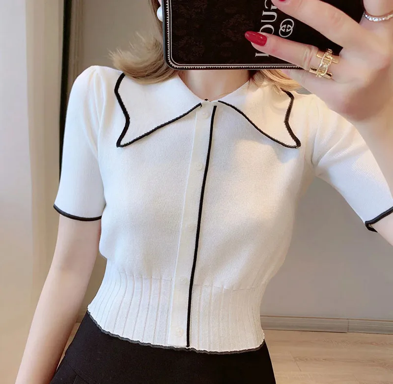 

Lucyever Summer New Knit T-Shirts for Women Korean Turndown Collar Short Sleeve Cardigan Female Single-Breasted Knitwear Tees