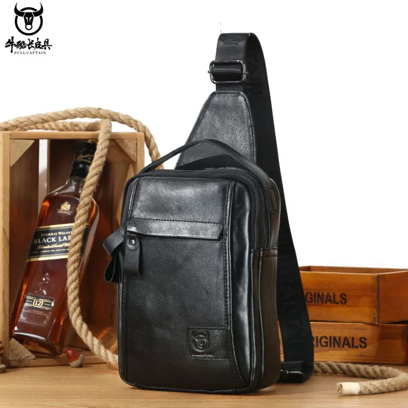 

Bullcaptain top layer leather leisure handbag men's single shoulder Crossbody flat chest bag