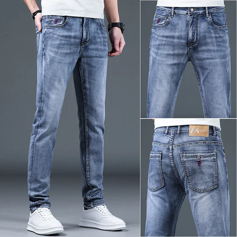 

Light-colored Jeans Men's Trendy Brand Summer New Slim Korean Style Pencil Pants Elastic Casual High-end Boys Trousers