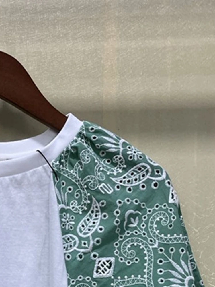 

2022 Spring and Summer New Women Embroidery Stitching Puff Sleeve T-shirt Women T-shirt