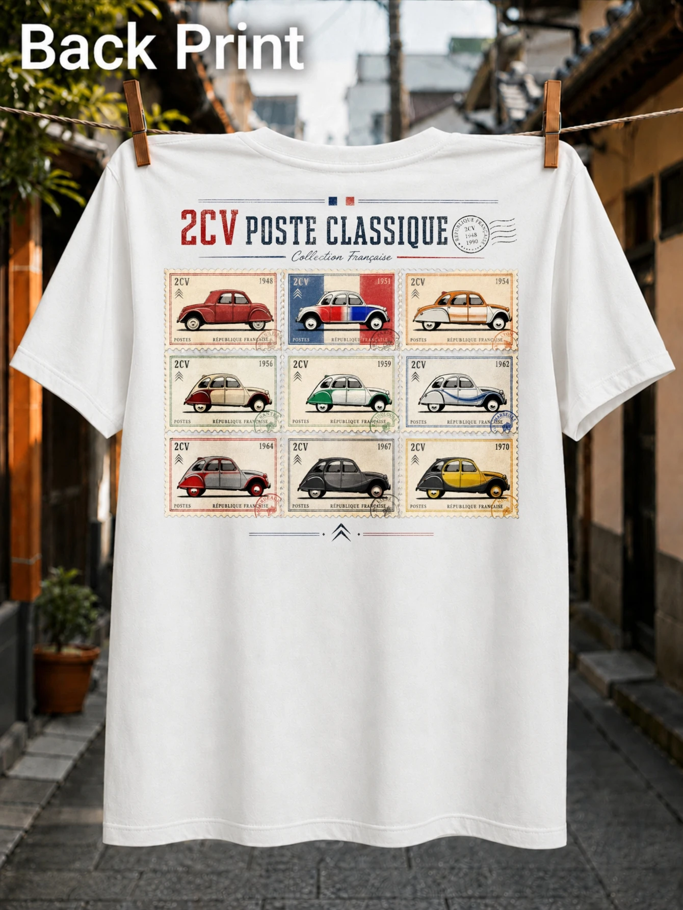 Фото 2CV Poste Classique с винтажной сеткой, имитирующей почтовую марку, автомобили Citroen 1948-1970 годов и французская унисекс-футболка. №1