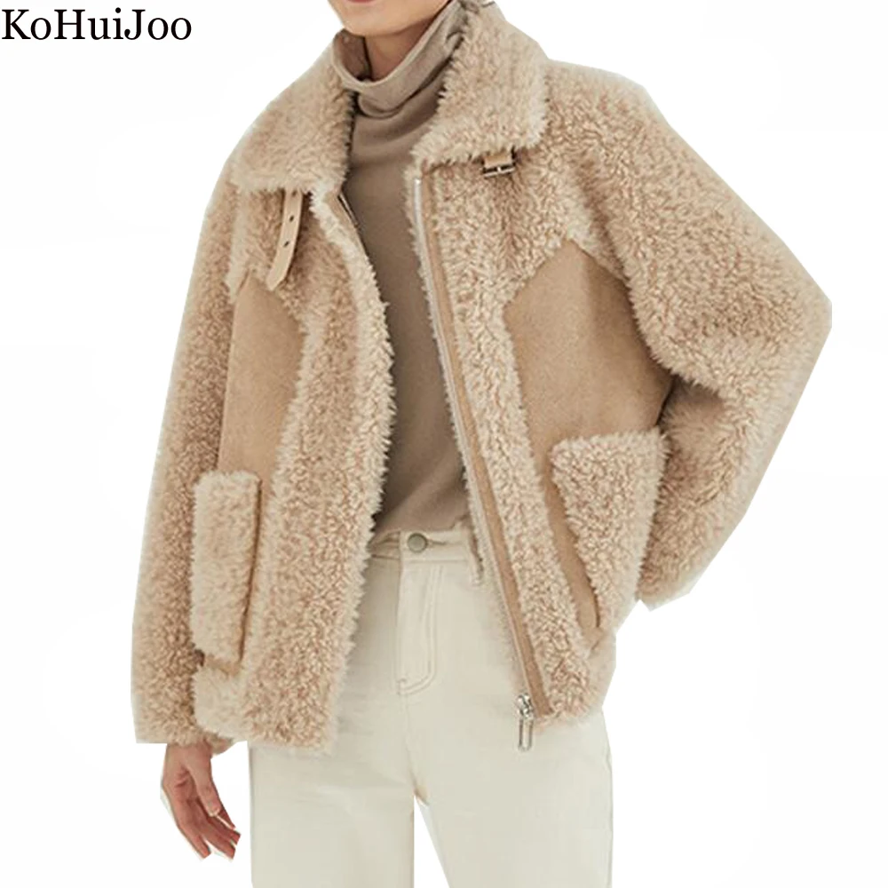 KoHuiJoo Lamb Fur Jacket Women 2022 Winter Fashion Vintage Thick Warm Female Shearling Overcoat Zipper Suede Coat Motorcycle