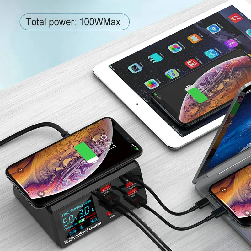 

100W Wireless USB Charger Dock 18W PD QC3.0 Fast Charger Station Smart LED Display 8 Ports USB for Apple iPhone Samsung Huawei