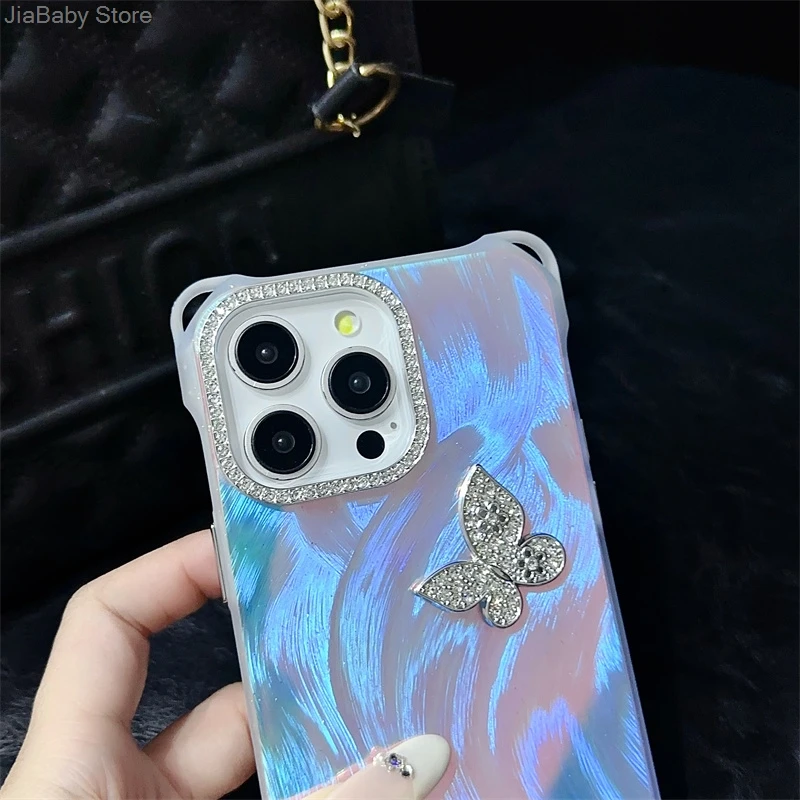 Жидкий Блестящий Защитный чехол с бабочкой для камеры iPhone 11 12 13 14 15 16 Pro Max Plus