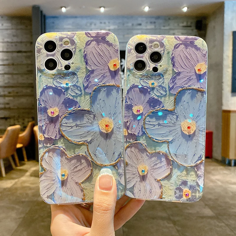 

Soft Blue Flower Glitter Laser Phone Case For iPhone 11 12 13 Pro Max X XS XR 7 8 Plus SE 2020 2022 Mini Bumper Silicone Cover