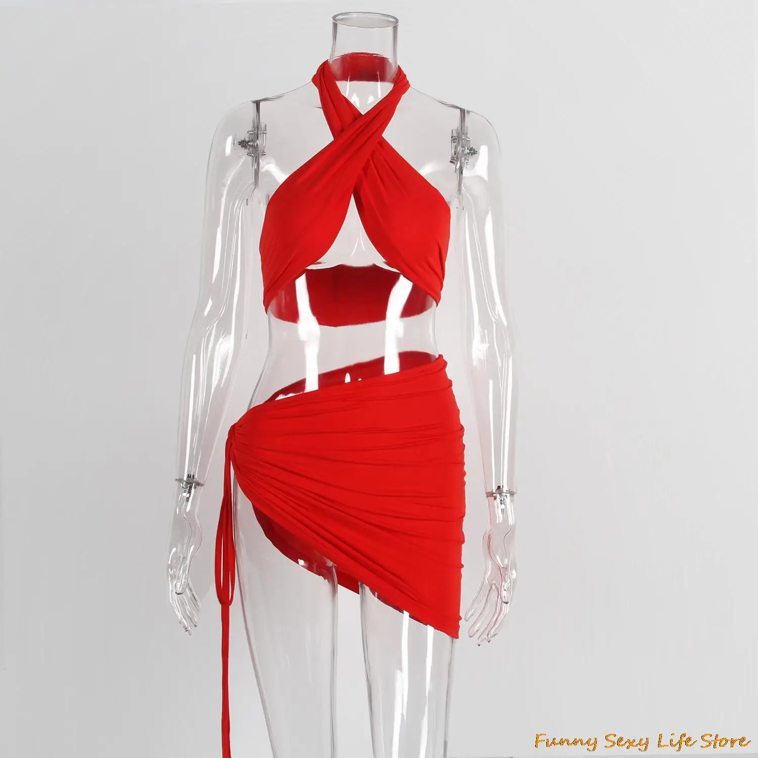 

Sexy Women's Small stature Set Red Neck Strap Dress Nightclub Party Spicy Girl Set Red