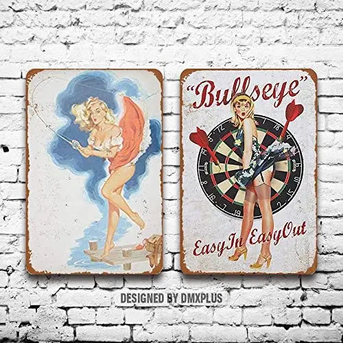 

Metal Sign (Set of 2) Tin Signs Bullseye Easy in Easy Out Sexy Pinup Girl Vintage Look Wall Decoration Home Decor Plaque