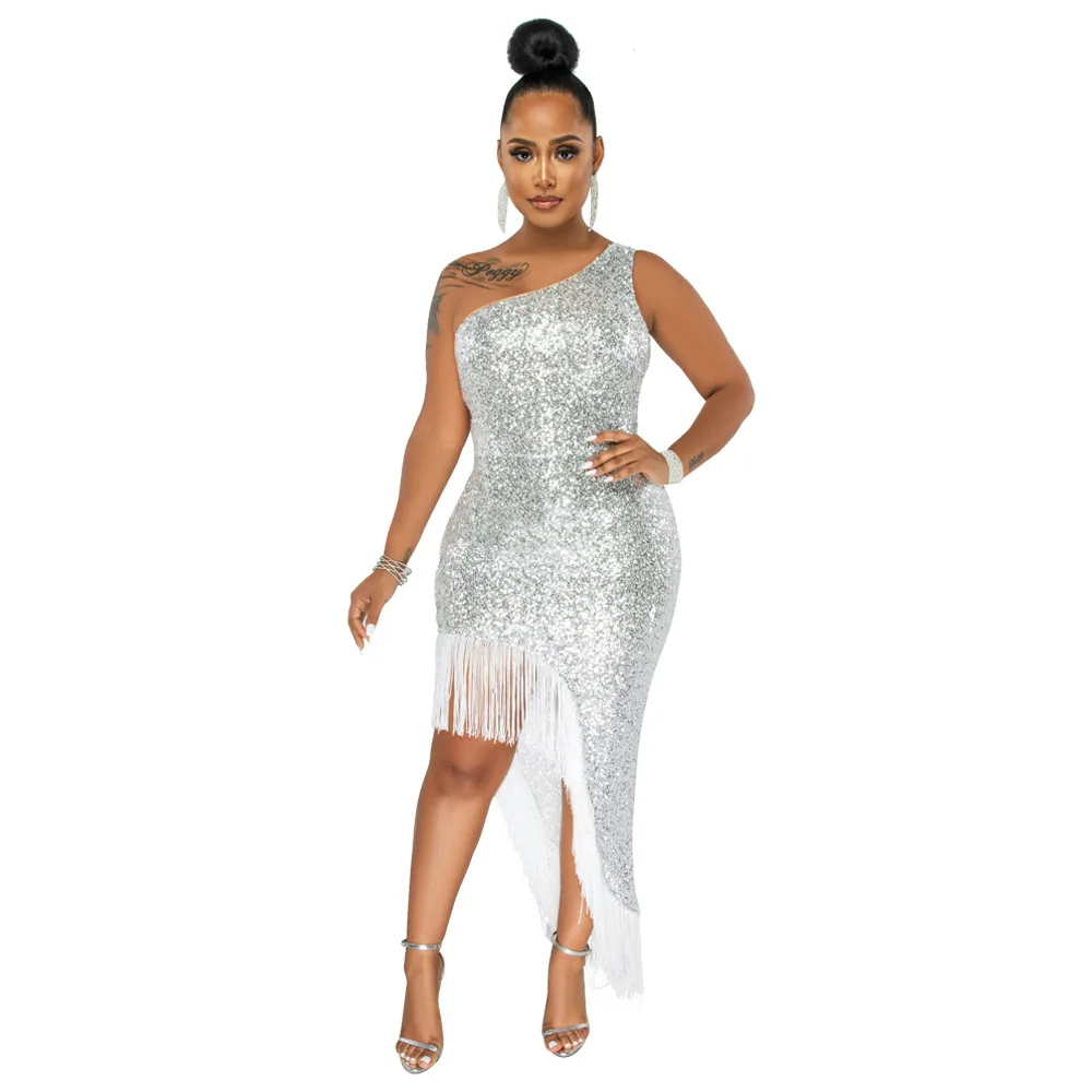 Women Sexy Sequined Tassels Party Dress One Shoulder Sleeveless Prom Evening Dress Fashion Bodycon Nightclub Dresses