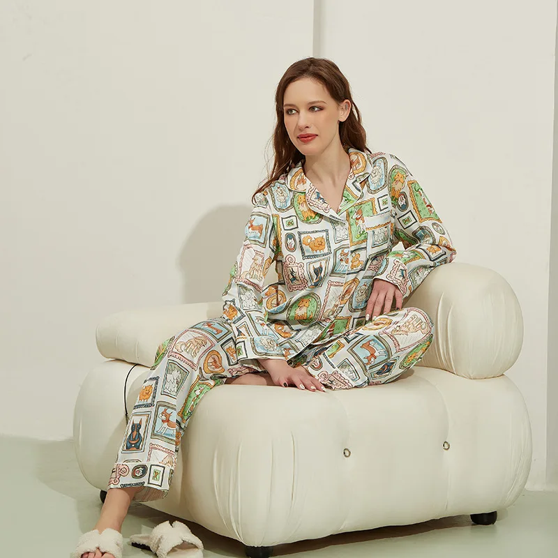 Elegant Silk Women Pajamas Spring Autumn Long-Sleeve Pyjamas Set 2-Piece Sleepwear Homewear Set Sleeping Clothing