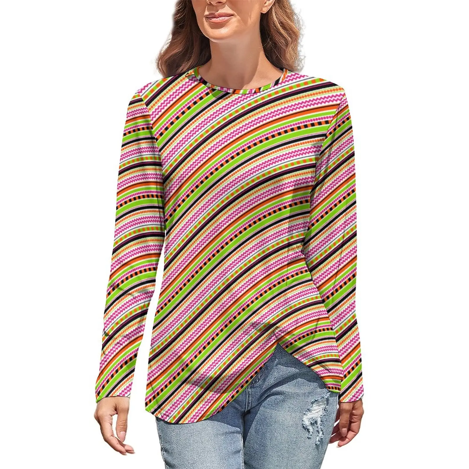 

Dots And Stripes T-Shirts Colorful Line Design Street Wear Long Sleeve T-Shirt Pretty Printed Tees Female Tops 3XL 4XL 5XL