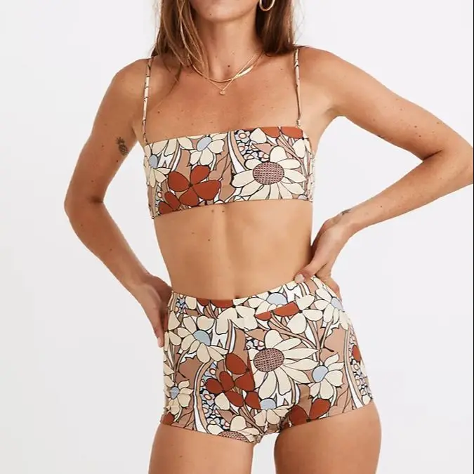 

Sexy Printed Tank Shorts Swimsuit Two Piece Set Split-joint Separate Bandeau High Waist Swimwear Summer Beachwear Backless
