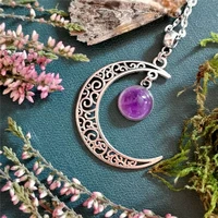 witch goth crescent moon necklace dark style purple crystal moon pendant celestial jewelry women amulet jewelry gift
