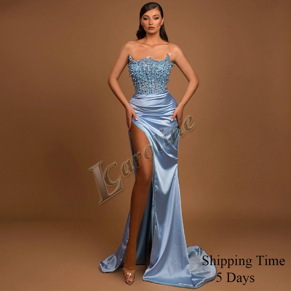 

Caroline Attractive Strapless Beads Evening Party For Women Formal Gowns Prom Crystals Side Slit Made To Order Robes De Soirée