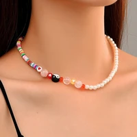 colorful gossip beaded necklace for women ethnic style imitation pearl acrylic stitching clavicle chain choker necklace