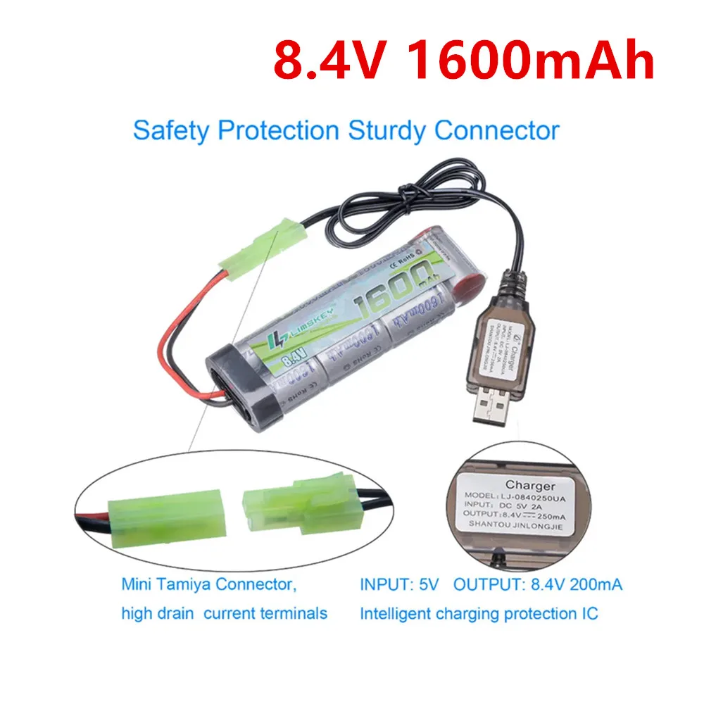 Фото Аккумулятор для страйкбольного оружия 2/3A 8.4V 1600mAh с разъемом Mini Tamiya и USB-зарядкой для M249, M240B, M60, RPK, PKM, G36C №1