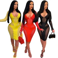 casual women dress sheer mesh full sleeve long dress bodycon party night clubwear solid color dresses for women vestidos