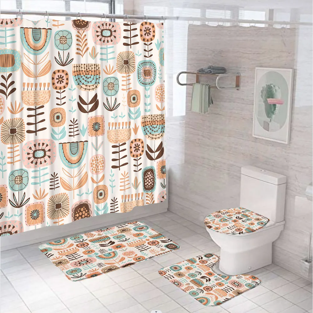 

Abstract Flower Shower Curtain Set Non-Slip Rugs Bath Mat Toilet Lid Cover Bohemia Floral Geometric Art Bathroom Decor Curtains