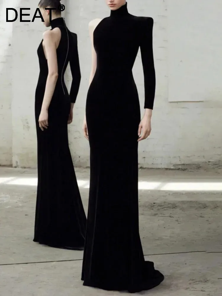 DEAT Элегантное платье асимметричное на одно плечо с высоким воротником