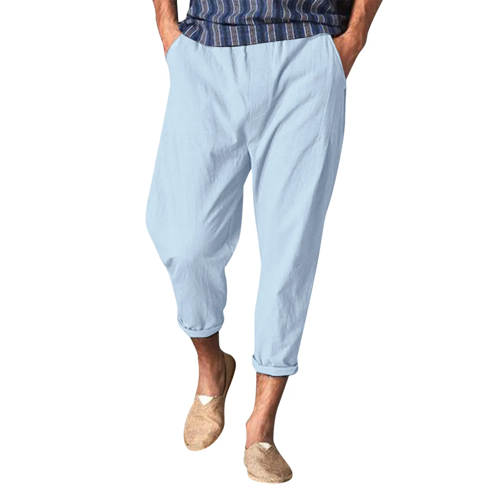 

Брюки мужские тренировочные, модные повседневные однотонные штаны из хлопка и льна, с эластичным поясом, штаны с девятью блестками и пеной с...