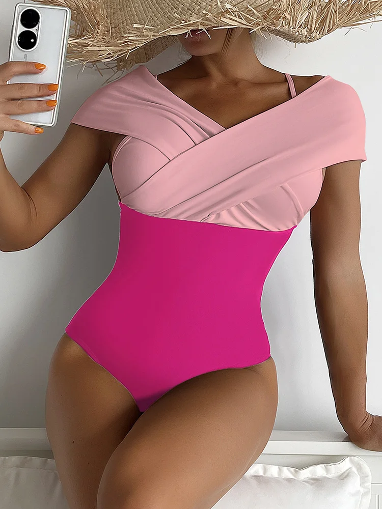 

Sexy Solid Patchwork Cross Bandage Swimwear Women V Neck High Waist One Piece Swimsuit New Fashion Backless Sling Party Bodysuit