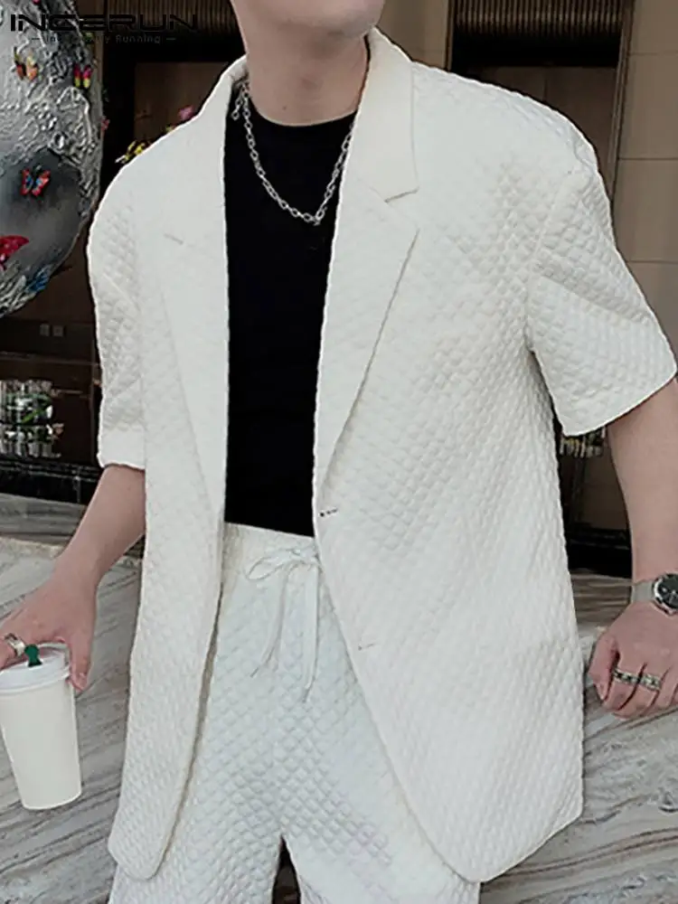 

INCERUN Men Casual Shirt 2022 Solid Color Lapel Short Sleeve Button Leisure Camias Streetwear Folds Fashion Men Clothing S-5XL