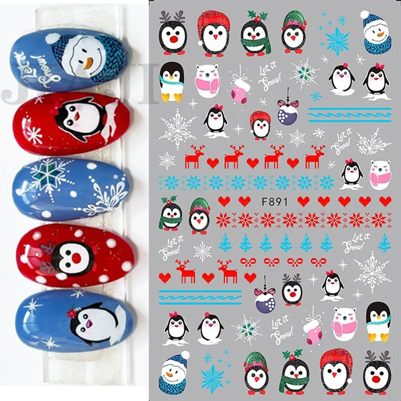 

Наклейки для дизайна ногтей рождественские пингвины Санта Клаус Лось дерево олень медведи Мультяшные слайдеры Белые снежинки наклейки для дизайна ногтей