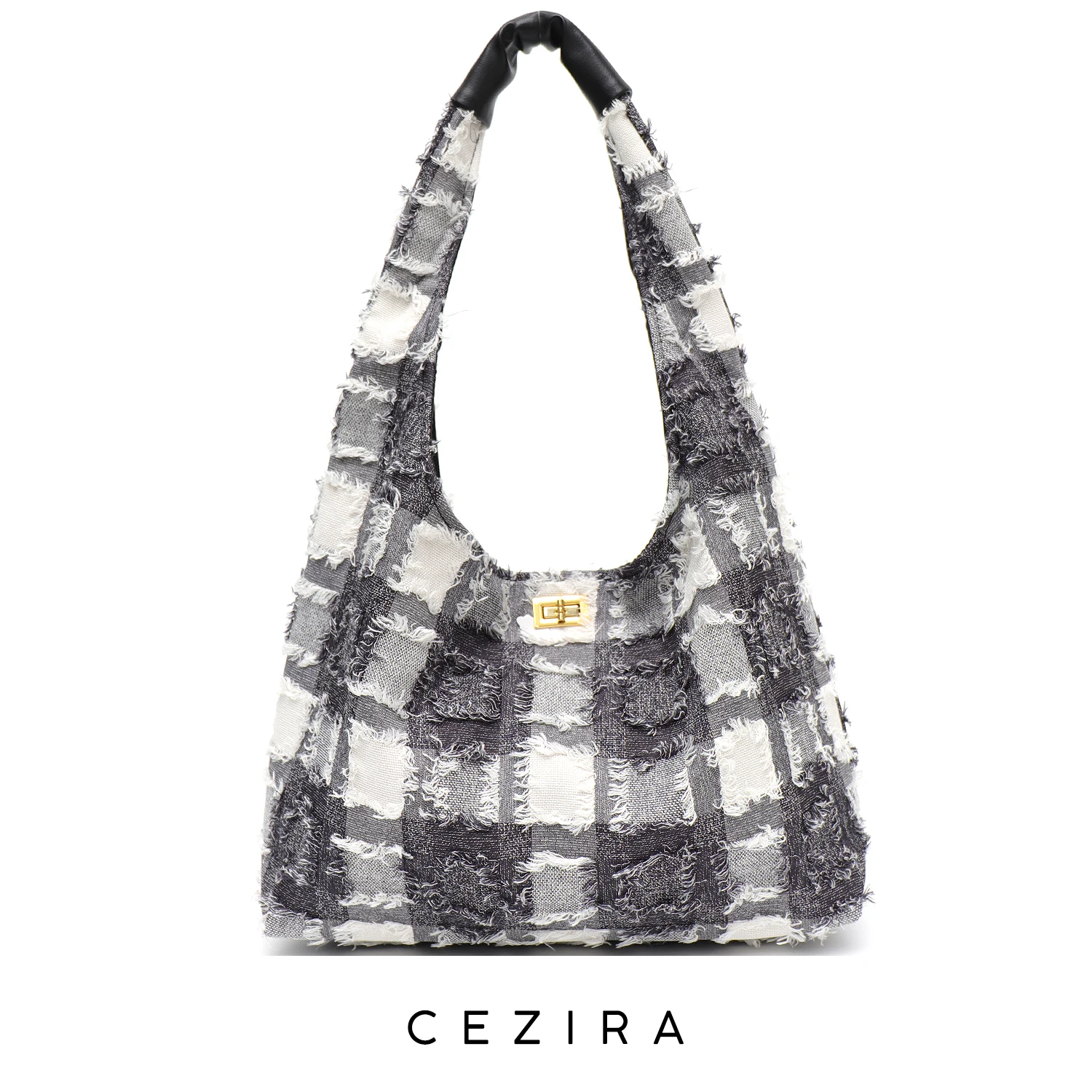 

CEZIRA Luxury Design Soft Woven Cotton Fabric Hobo Shoulder Bags Women Fashion Fringe Casual Handbags Daily Large Plaid Purses