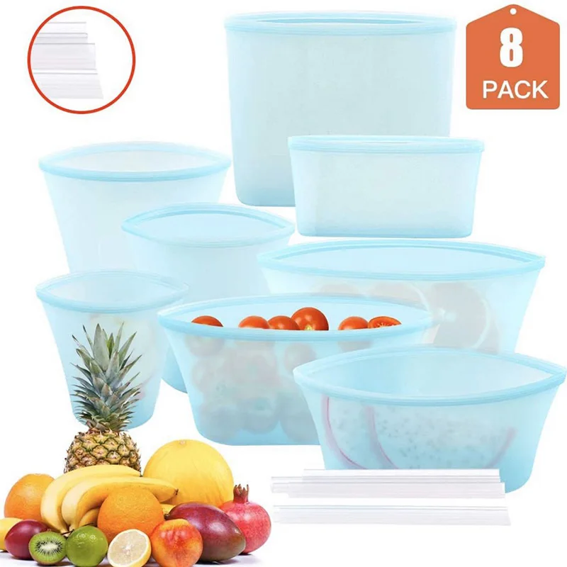 8PCS Silicone Food Storage Bag Reusable Stand Up Zip Shut Bag Leakproof Containers Fresh Bag Food Storage Fresh Wrap Ziplock Bag