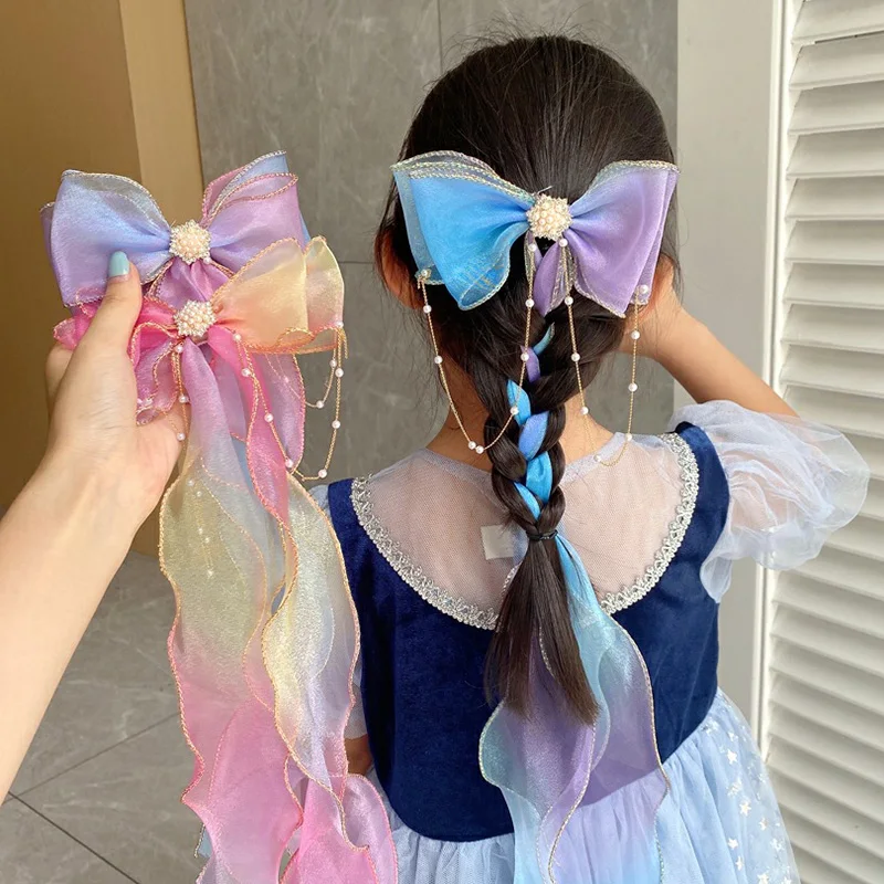 

Girls Hairpins Big Bowknot Gauze Mesh Hair Pins Barrettes Clips Accessories Lovely Pony Tail Gradient Colors Ribbons