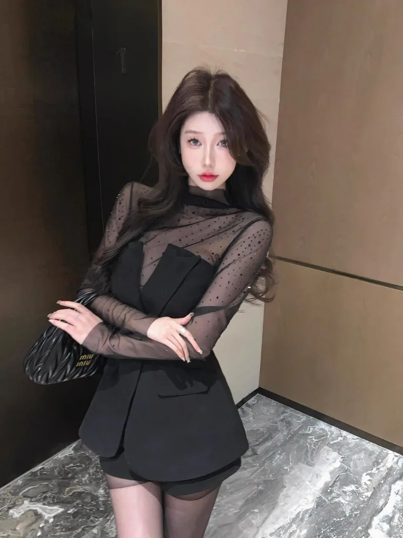 Костюм без бретелек Y2k черная сетчатая футболка с длинным рукавом и бриллиантами