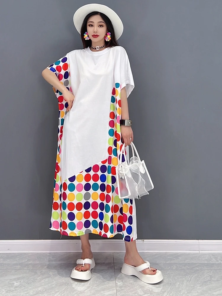 

SuperAen 2022 Summer New Fashion Loose Casual Wave Dot Printing Short Sleeve T-shirt Patchwork Mid-Calf Dresses for Women