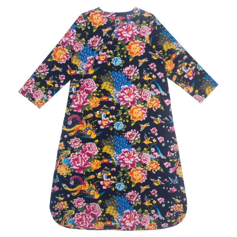 Женское платье с длинным рукавом классическое хлопково-льняное принтом в