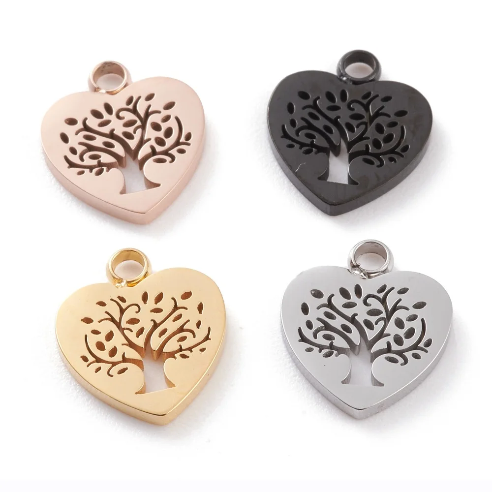 

10pcs Heart Charms 304 Stainless Steel Laser CutHeart with Tree of Life Charms Pendant for jewelry making DIY Decor,12x11x1.5mm