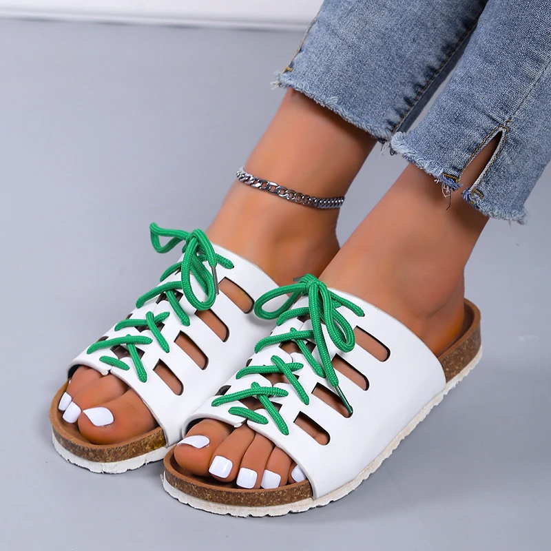 

2022 Shoes Ladies Leopard New Sewing Open Toe Footwear Plus Size Summer Female Flat Slippers Women's Fashion Tassel Comfortable