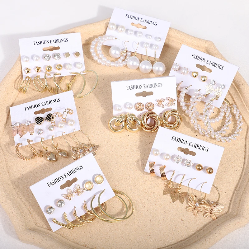 

New 6 Pairs Pearl Butterfly Drop Earrings Set Big Circle Piercings Earrings for Women Heart Imitation Hoop Cute Ear Jewelry