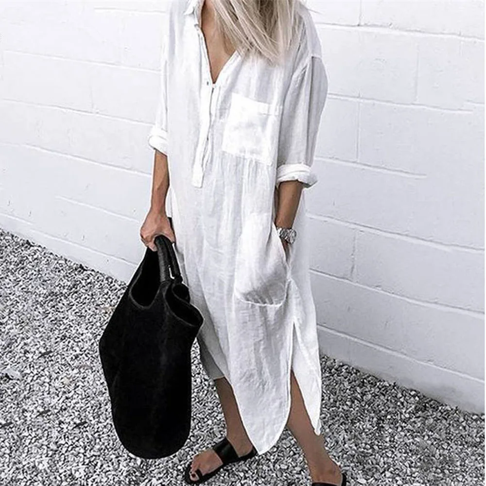 Женское платье-макси на пуговицах свободное пляжное платье оверсайз с разрезом