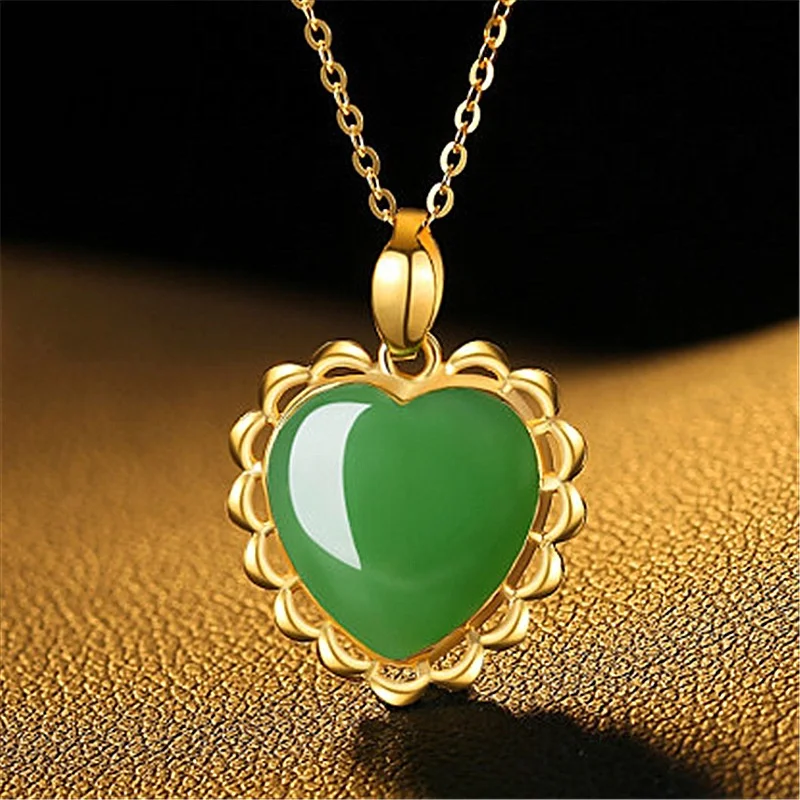 

ARADOO Inlaid Chalcedony Heart-shaped Pendant Imitation Hetian Jade Jasper Necklace Peach Heart Gold-plated Lace Jasper