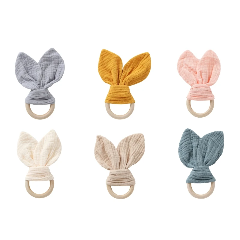 

Y3NF Cute Baby Wooden Ring Teether Soft Cotton Rabbit Ear Comforting Toy Teething