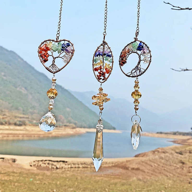 

DIY Heart Crystal Tree of Life Suncatcher Healing Natural Stones Hanging Ornament A Car Accessories Decoration