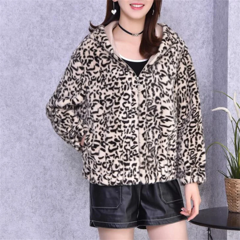 Autumn Leopard faux mink fur leather jacket womens hooded warm fur leather coat women loose jackets winter thicken fashion b554