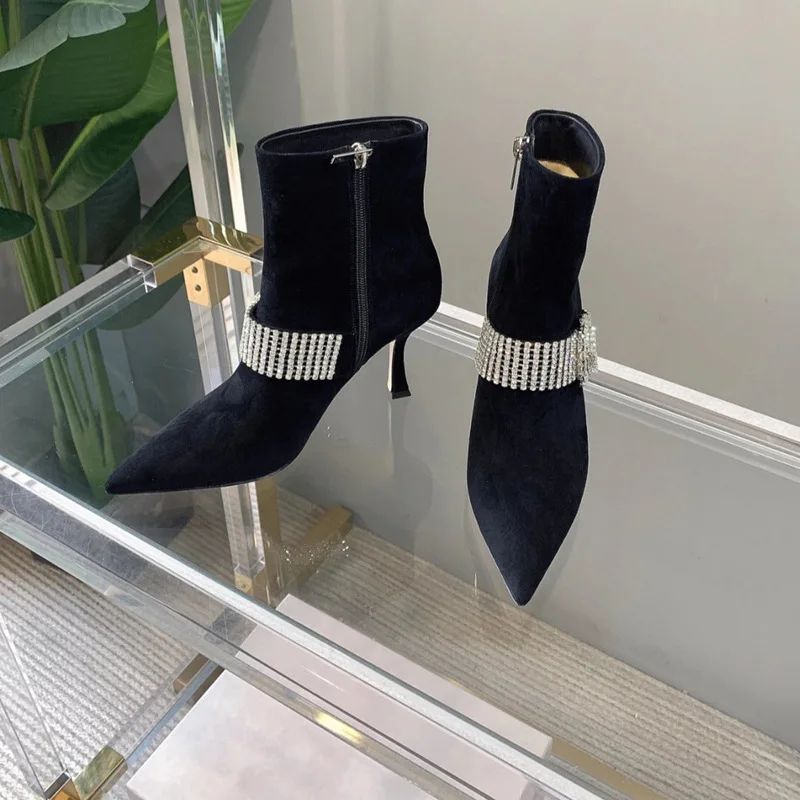 

Versatile Crystal Chain Short Boots For Women 2022 Winter New Side Zipper Cow Suede Pointed Toe High Heel Short Boots Thin Heels