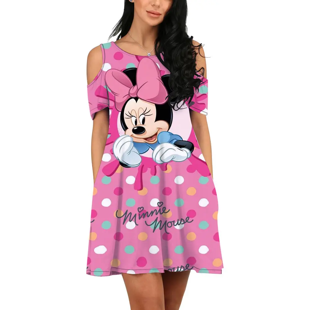 

Disney Minnie Mickey Sexy One Shoulder Colorful Mini Dresses Women's Loose Casual Dresses New Summer 2022 Sundresses