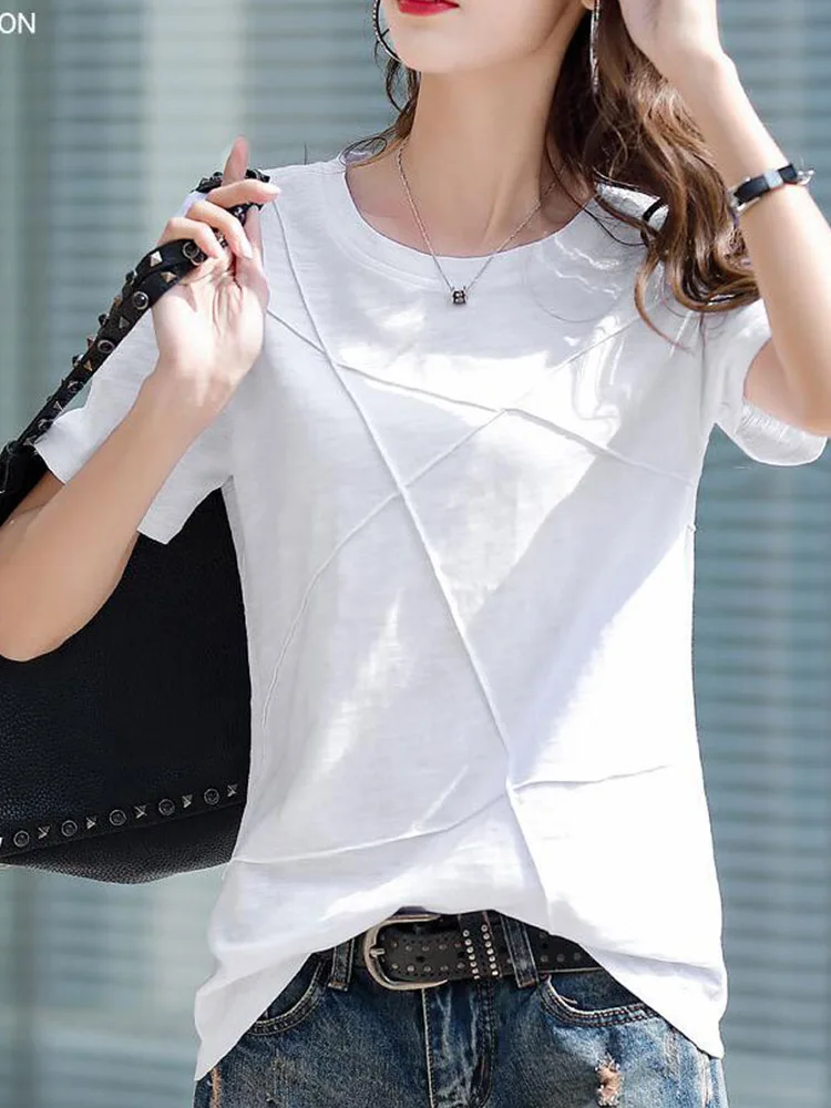 Летние тонкие хлопковые бамбуковые футболки женские 2024 в рубчик с круглым