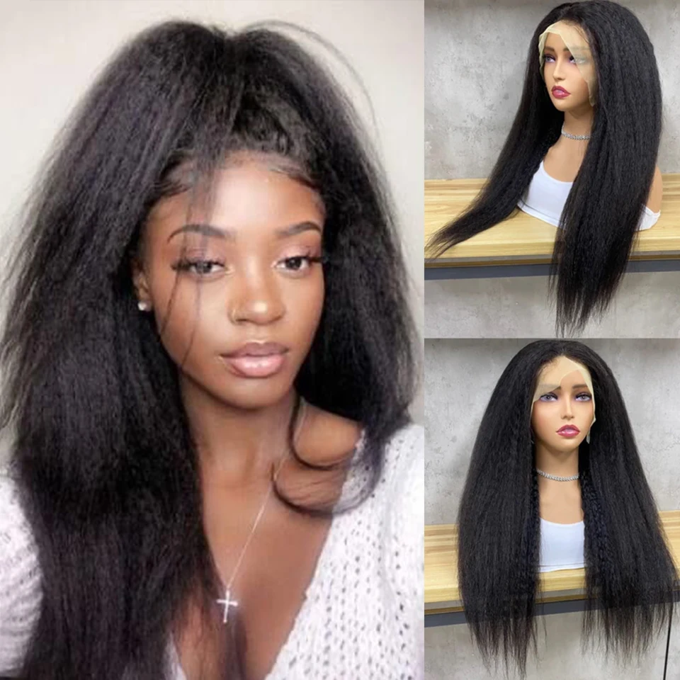 Kinky Straight Lace Front Human Hair Wigs 13X4 13X6 Transparent Lace Frontal Wigs Pre Plucked 220% Density Yaki Straight Wig