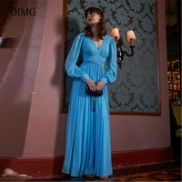 oimg modest blue chiffon long sleeves evening dresses v neck floor length vintage prom dress women simple formal party dress