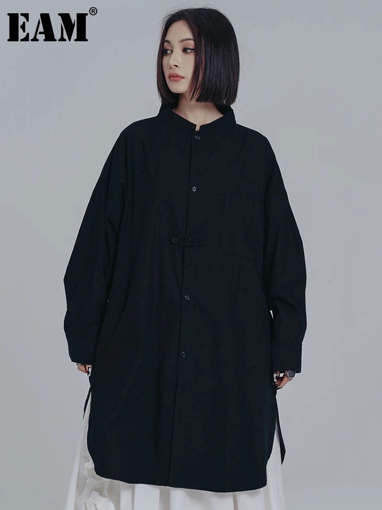 

[EAM] Women Black Big Size Midi Shirt Dress New Stand Collar Long Sleeve Loose Fit Fashion Tide Spring Autumn 2022 1DE8095