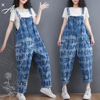 aricaca fashion letter printed overalls womens denim suspenders cowboy jumpsuits long pants rompers