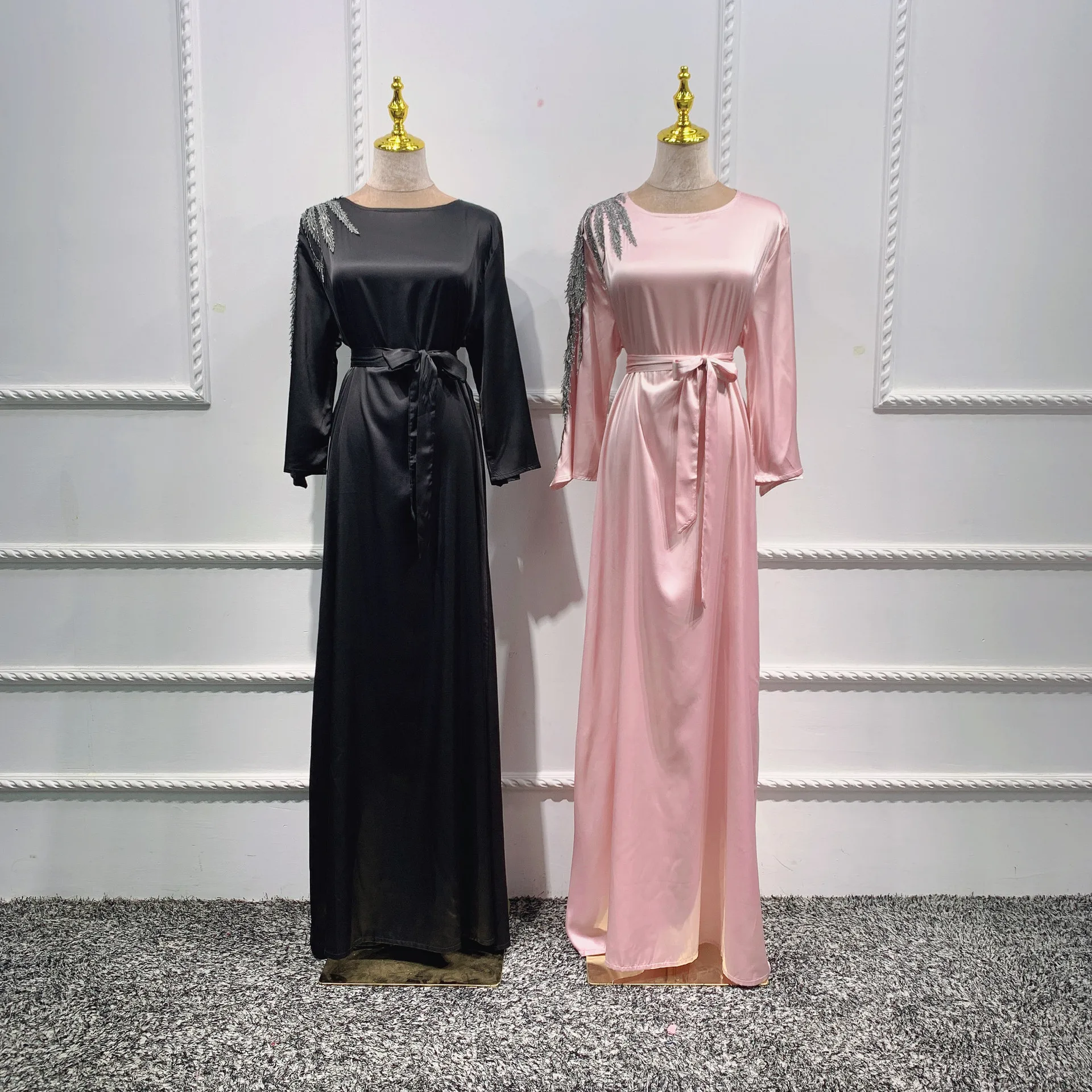 Robe Femme Musulmane Muslim Fashion Muslim Dress Middle East Abaya Dubai Embroidered Mid-sleeve Dress Abaya Turkey Robe Belt