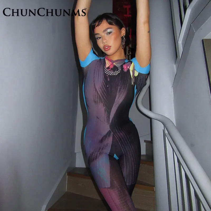 

Женский сетчатый комбинезон с коротким рукавом, привлекательный комбинезон с 3D принтом, прозрачный дышащий комбинезон из газовой ткани, клубный Полуночный комбинезон, лето 2023