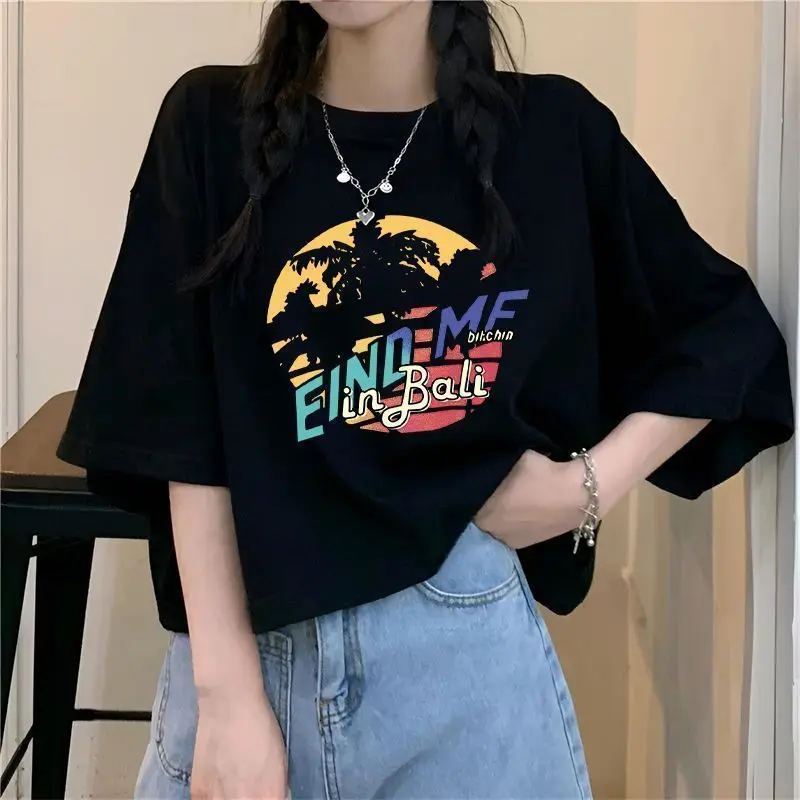 Женская летняя модная простая черная футболка с круглым вырезом и короткими